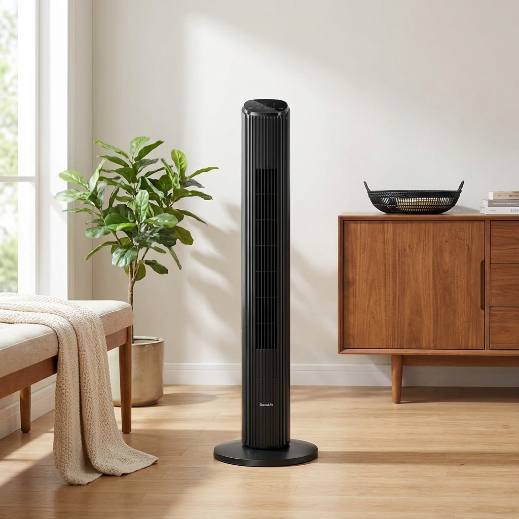 Schwarzer GoveeLife Smart Turmventilator im hellen Wohnzimmer mit Eichenholz-Sideboard und Zimmerpflanze
