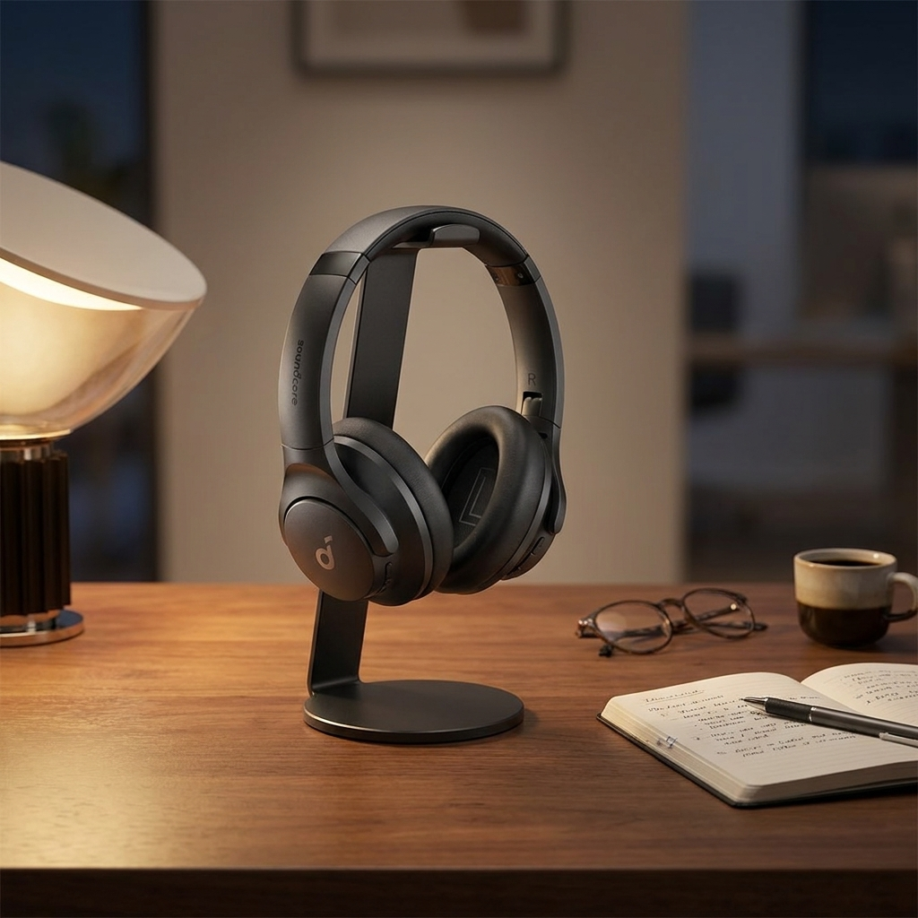 Schwarze soundcore Q20i Over-Ear Kopfhörer auf Ständer auf Holz-Schreibtisch im warmen Homeoffice-Moodboard