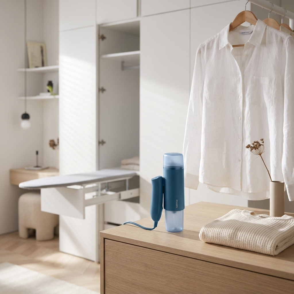 Blauer Philips 3000 Handdampfer für Kleidung auf heller Kommode in eleganter Ankleide mit weißem Hemd