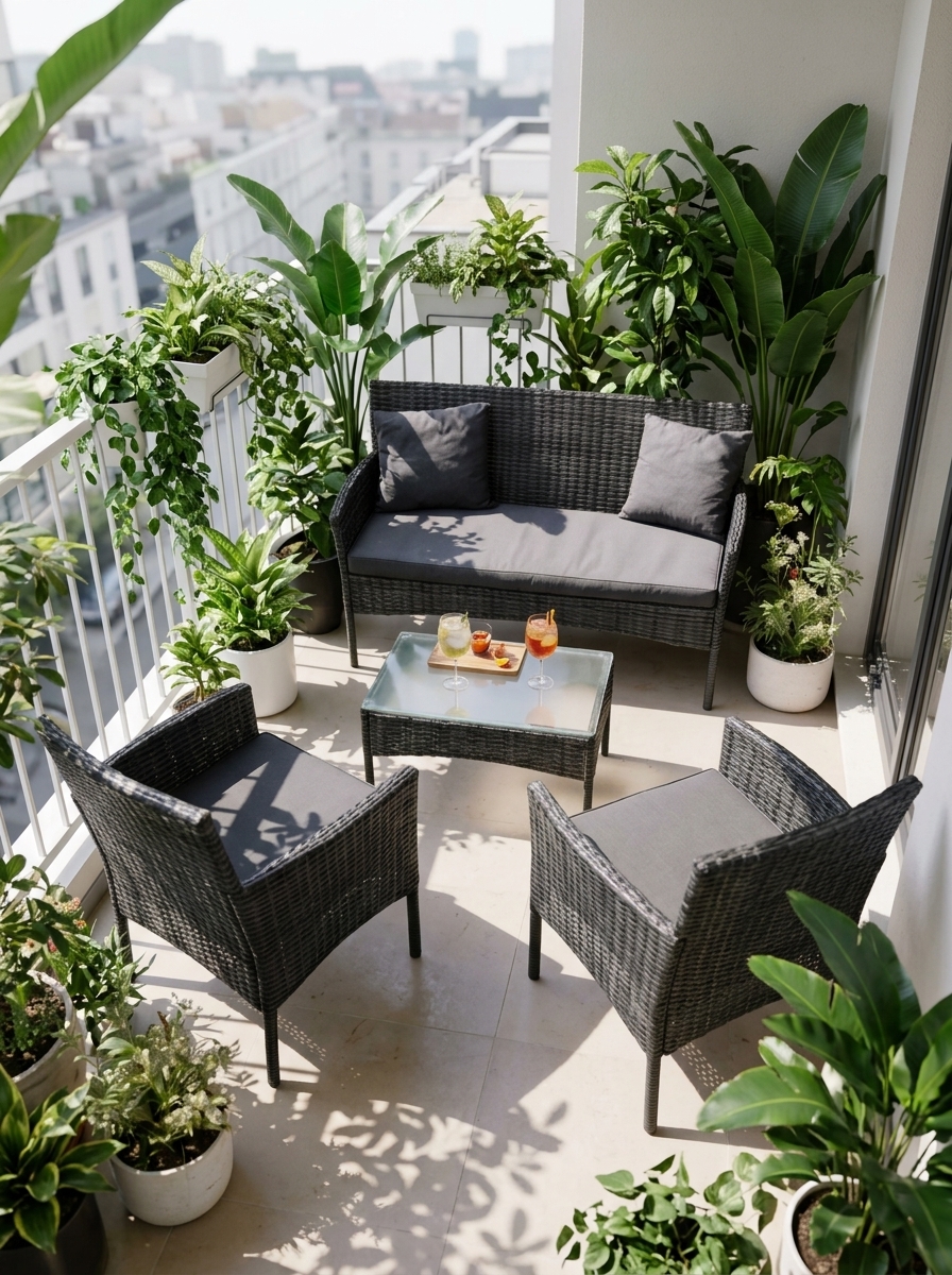 Dunkelgraue ArtLife Fort Myers Polyrattan-Lounge umgeben von üppigen grünen Pflanzen auf einem urbanen Beton-Balkon