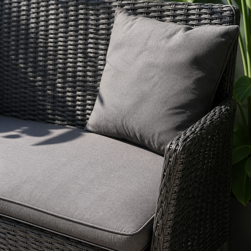 Nahaufnahme der dunkelgrauen Polyrattan-Sofaecke mit grauer Auflage, daneben grüne Pflanze