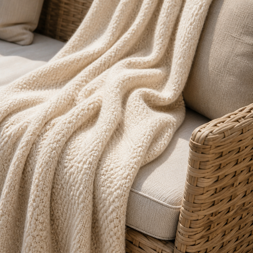 Cremefarbene Strick-Decke über dem cremefarbenen Polyrattan-Sofa mit sichtbarer Geflecht-Textur
