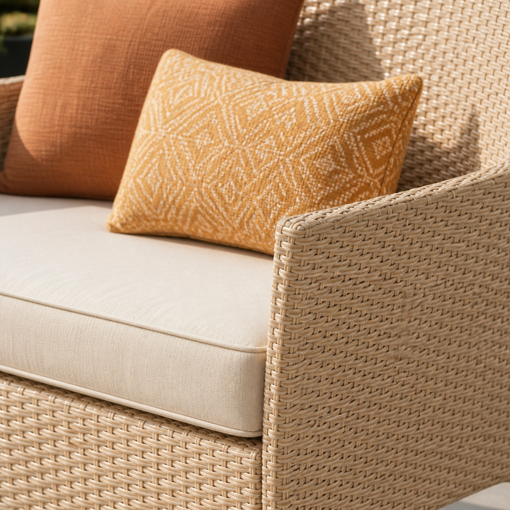 Cremefarbener Polyrattan-Sessel mit Sand-Auflage und Kissen in Ocker und Terracotta