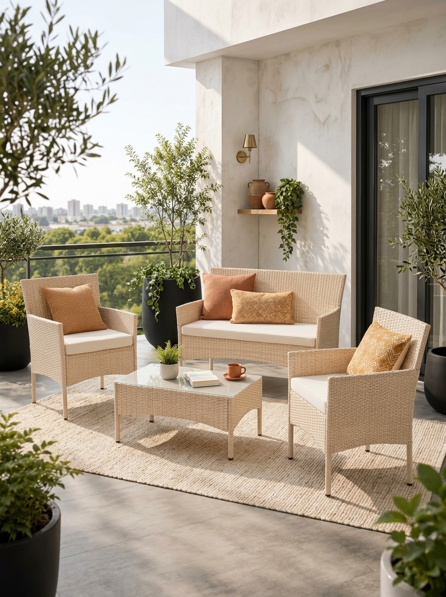 Cremefarbene ArtLife Fort Myers Polyrattan-Lounge mit Sand-Kissen und Terracotta-Akzenten auf einer mediterranen Terrasse mit Olivenbäumen