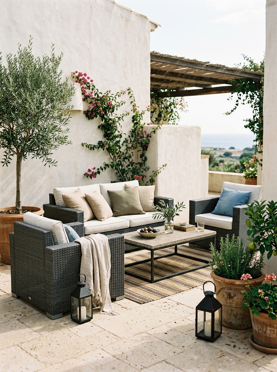 Dunkelgraue ArtLife Fort Myers Polyrattan-Lounge auf einer mediterranen Steinterrasse mit Olivenbaum und Bougainvillea