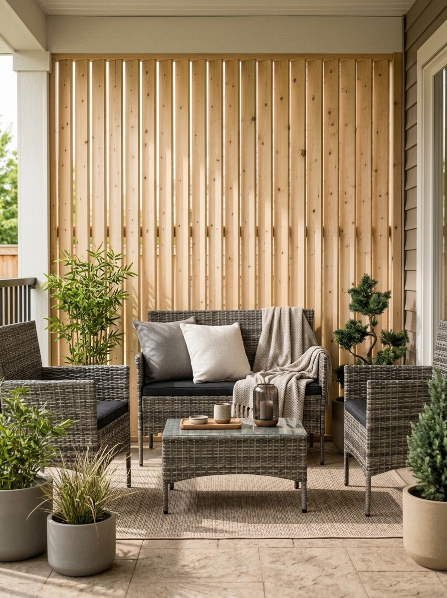 Hellgrau melierte ArtLife Fort Myers Polyrattan-Lounge mit dunkelgrauen Kissen vor einer Holz-Lamellenwand mit Bambus und Strickdecke