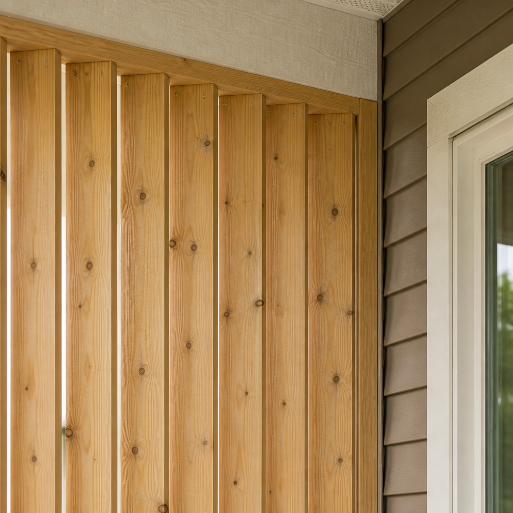 Helle vertikale Holz-Lamellen-Sichtschutzwand auf dem Balkon hinter der Polyrattan-Lounge