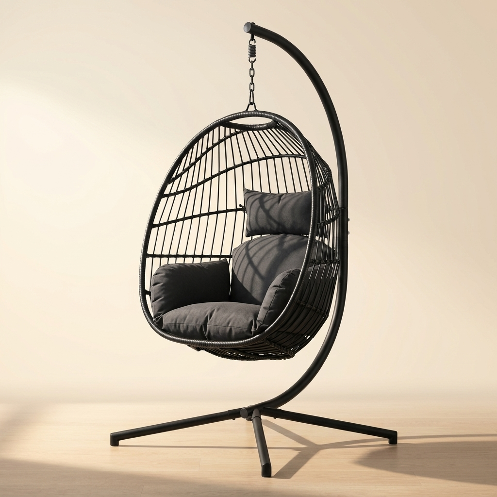 tectake Hängesessel Dark Grey mit komplettem Stahlgestell und dicken Kissen auf warmem Editorial-Hintergrund mit Eichenholzboden