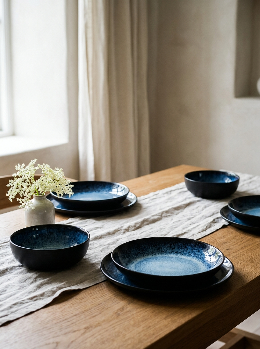Pure Living Interior Geschirrset Ibiza 12-teilig mit matt schwarzem Rand und blauer Reaktivglasur, elegant arrangiert auf Eichenholztisch mit weißen Blüten und Leinenläufer