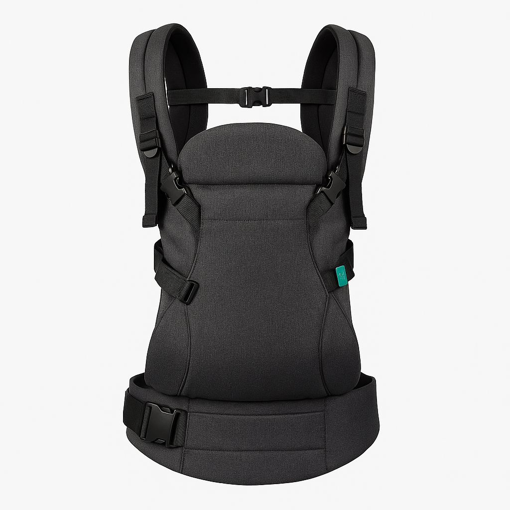 Ergonomie für Baby und Eltern: Ergonomische Babytrage in Schwarz mit verstellbaren Gurten und Hüftgurt