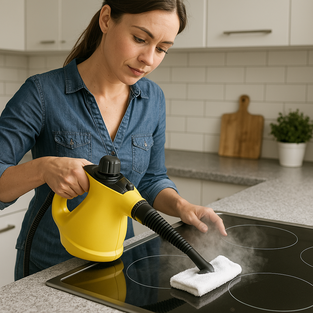 Frau reinigt ein Cerankochfeld in einer modernen Küche mit einem gelben Dampfreiniger.