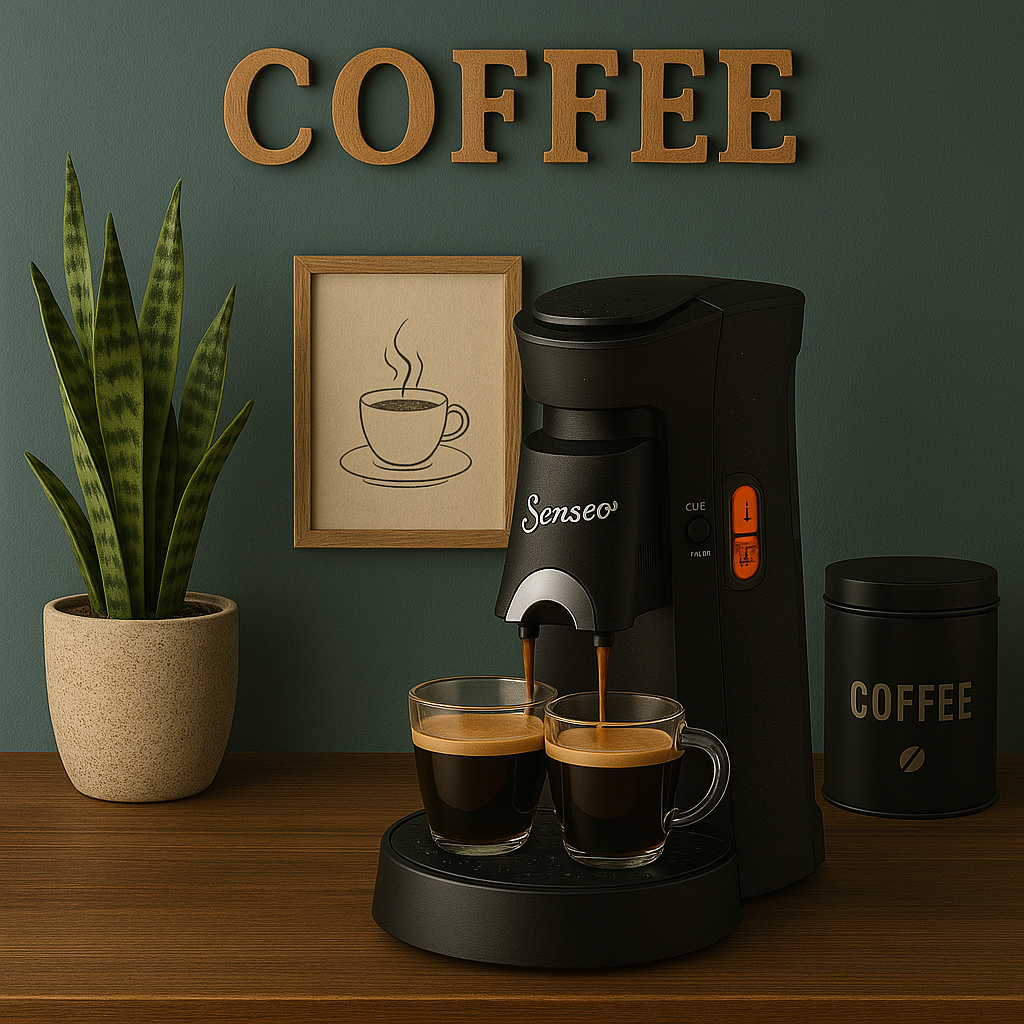 Senseo Kaffeemaschine brüht zwei Tassen frischen Kaffee in stilvollem Küchenambiente mit Pflanze und Dekoration.