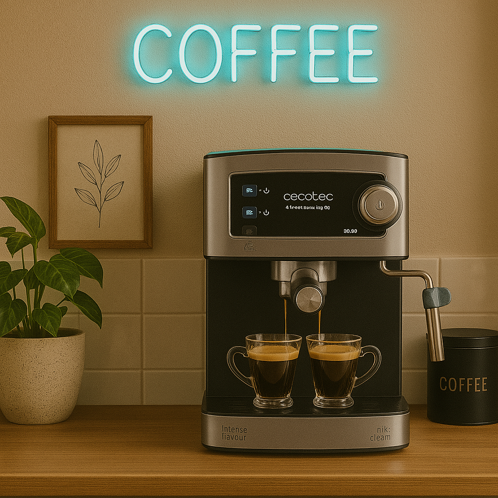 Moderne Cecotec Kaffeemaschine mit Milchaufschäumer bereitet zwei Espressi unter stilvollem Neonlicht „COFFEE“ zu.
