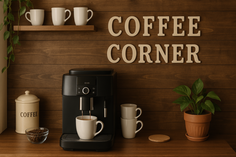 Kaffeevollautomat auf einer stilvollen Holztheke mit Tassen, Kaffeebohnen und Dekopflanze