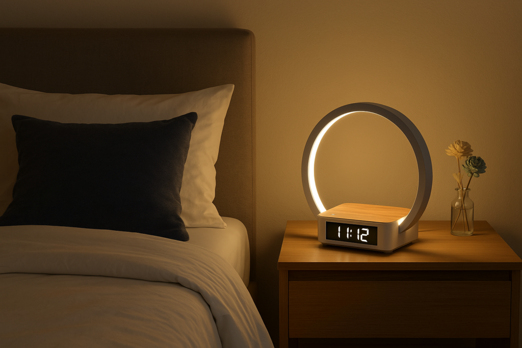 Modernes Nachttisch-Design mit kreisförmiger LED-Lampe und digitaler Uhr – in warmem Schlafzimmerambiente