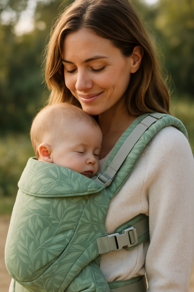 Mutter mit Baby in grüner ergonomischer Tragehilfe