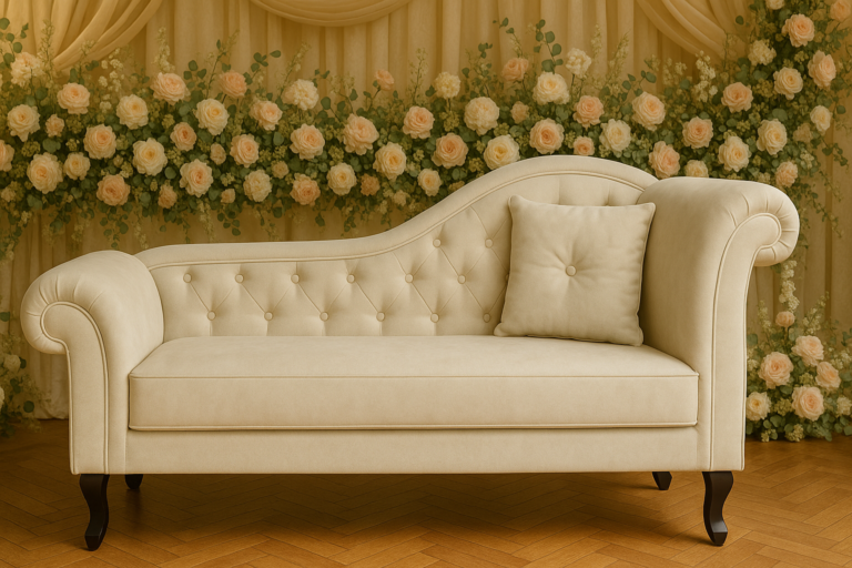 Beige Chaiselongue mit Chesterfield-Knopfheftung vor floraler Hochzeitsdekoration mit cremefarbenen Rosen.