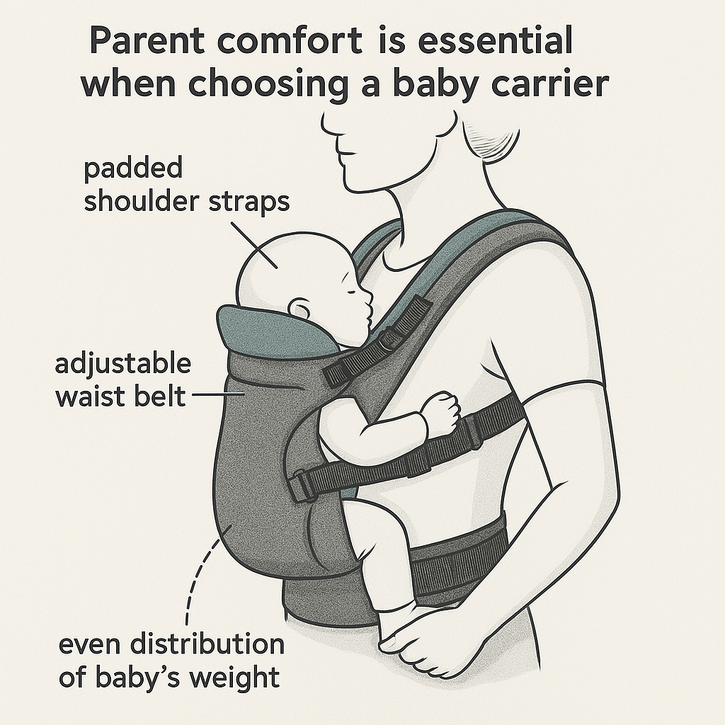 Ergonomie für Eltern: Gepolsterte Schulterträger und verstellbarer Hüftgurt für gleichmäßige Gewichtsverlagerung in der Babytrage