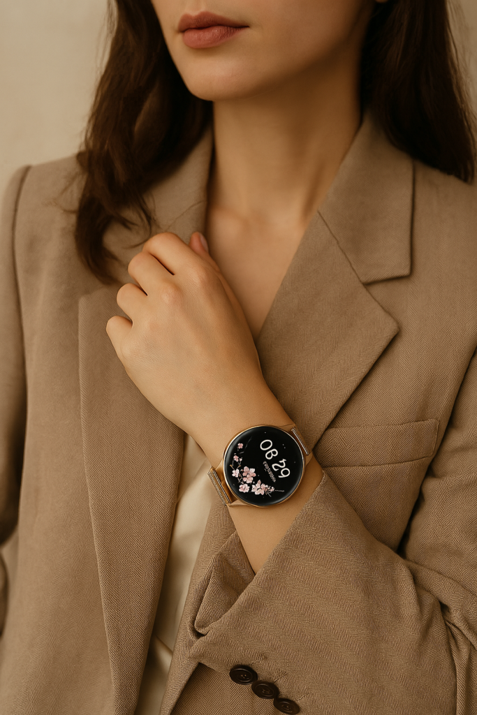Elegante Frau im beigen Blazer trägt eine stilvolle Smartwatch mit floralem Ziffernblatt – Technik trifft auf Design.