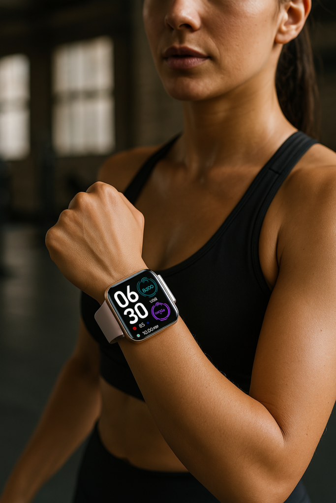 Sportliche Frau mit Smartwatch im Fitnessstudio – Technik, die Training und Gesundheit smart unterstützt.