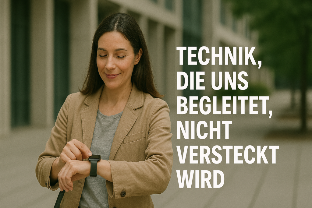 Frau mit Smartwatch im modernen Business-Look – Technik, die sichtbar integriert ist und den Alltag begleitet.