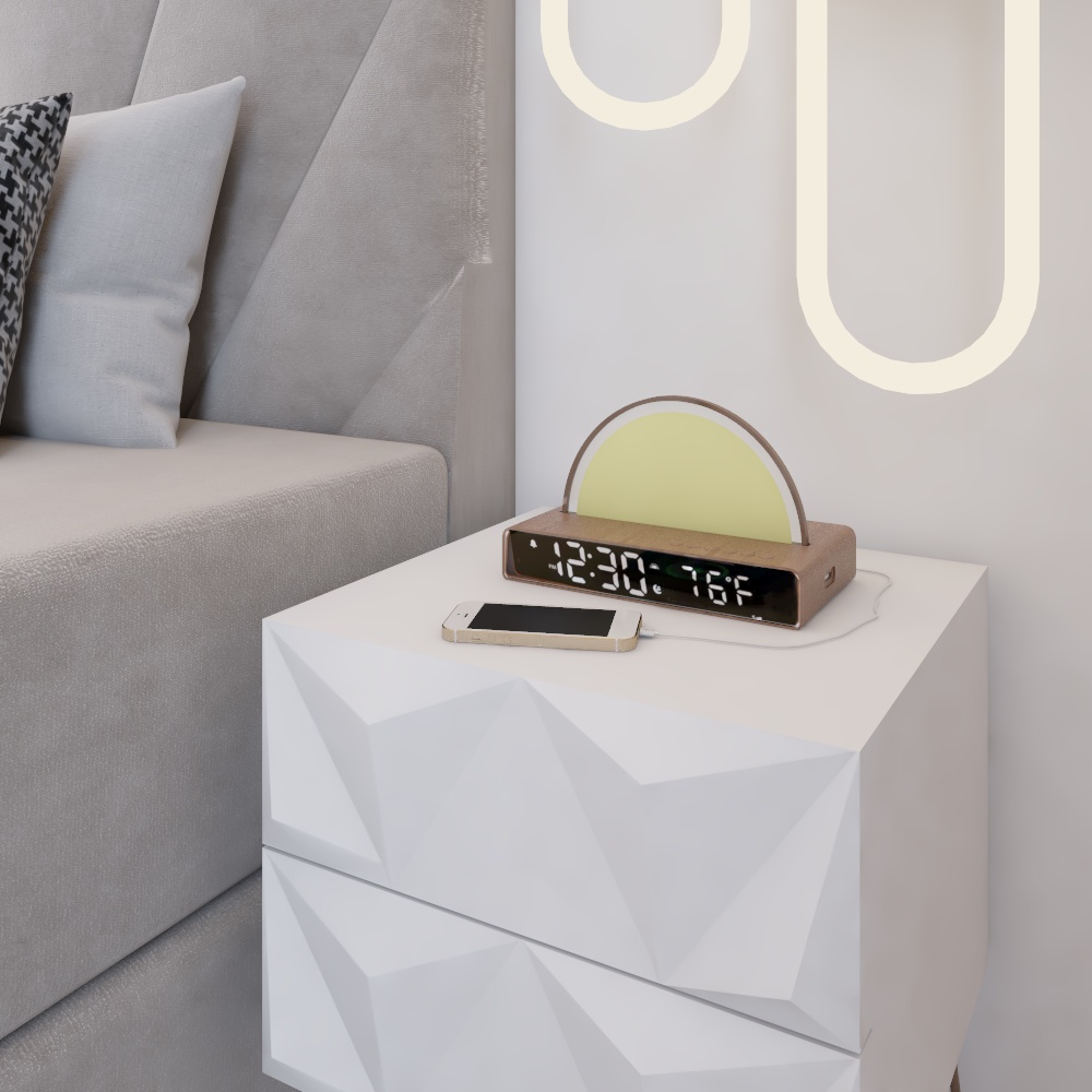 Nachttisch- LED-Wecker, Smartphone und Designlampe im stilvollen Schlafzimmer-Design