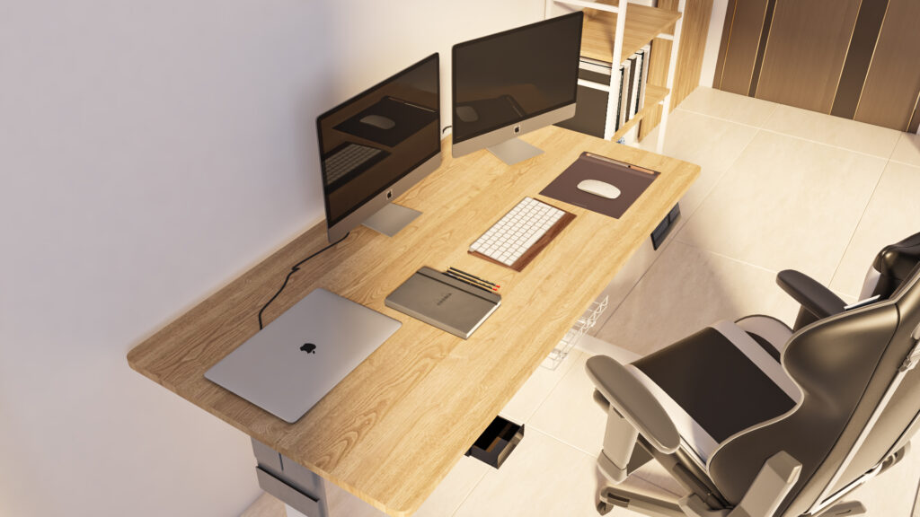 Minimalistischer Schreibtisch mit zwei Monitoren, Apple Laptop, Gaming-Stuhl und stilvoller Interior-Einrichtung im Homeoffice