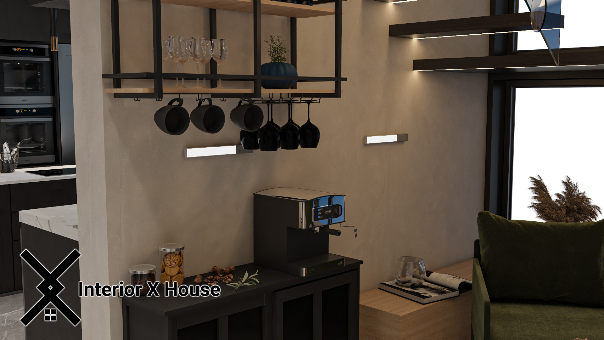 Design-Wohnzimmer mit halbautomatischer Espressomaschine im Interior X House Projekt L005, integriert in eine moderne Regalwand