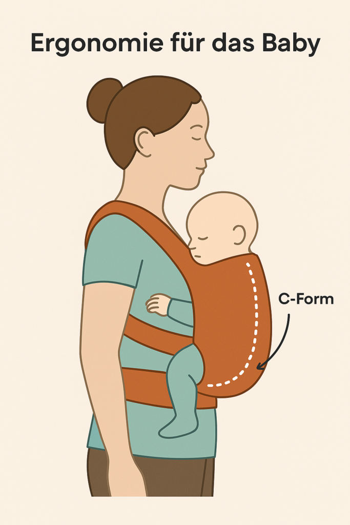Ergonomische C-Form der Wirbelsäule bei Baby in Tragehilfe