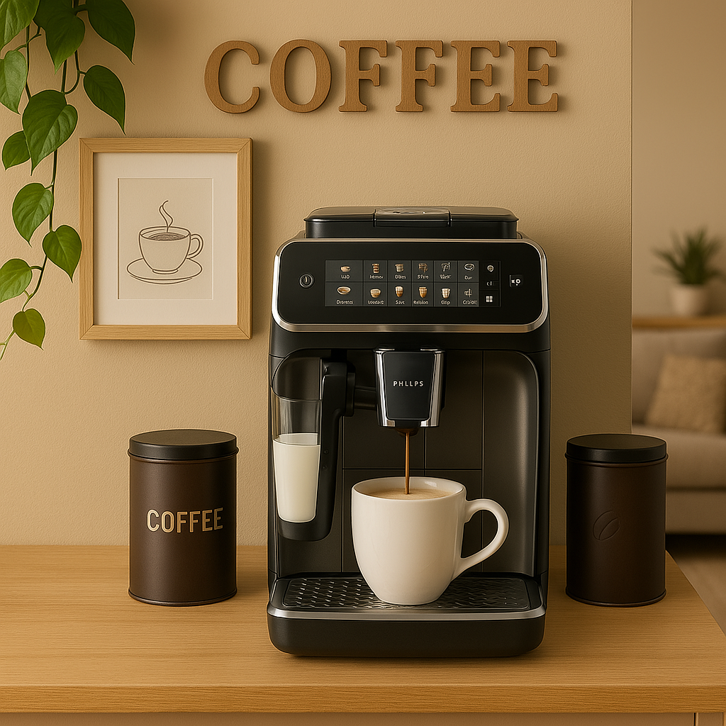 Moderner Kaffeevollautomat von Philips bereitet frischen Kaffee mit Milchfunktion auf einer stilvollen Küchenarbeitsfläche zu.