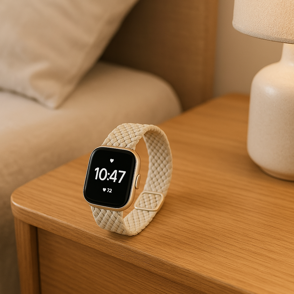 Elegante Smartwatch mit strukturiertem, beigem Armband auf einem Nachttisch – Technik im harmonischen Schlafzimmer-Interior.