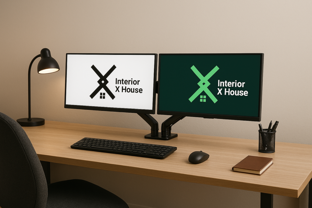 Modernes Interior Design mit Dual-Monitor-Setup auf Monitorarmen, minimalistischer Schreibtischbeleuchtung und Interior X House Branding.