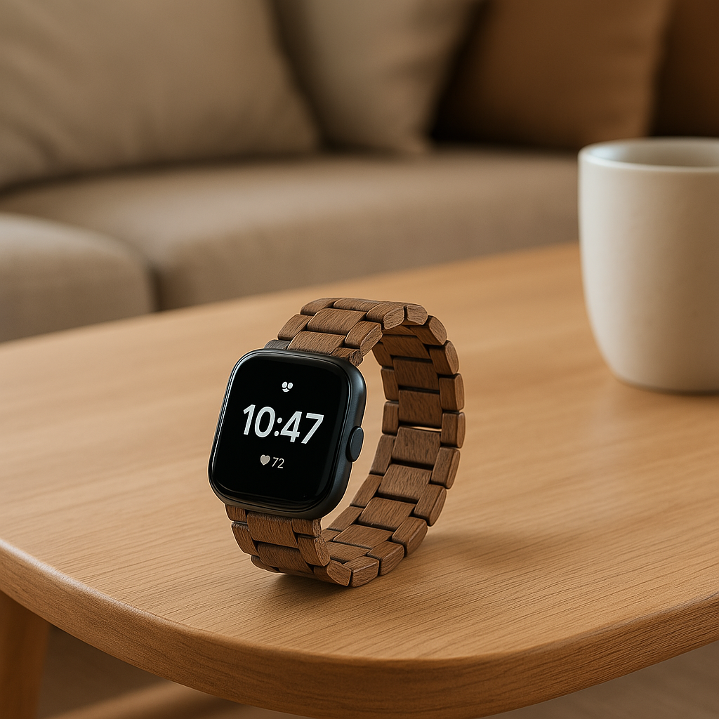 Smartwatch mit Holzarmband auf einem hellen Couchtisch – Kombination aus moderner Technik und natürlichem Interior Design.