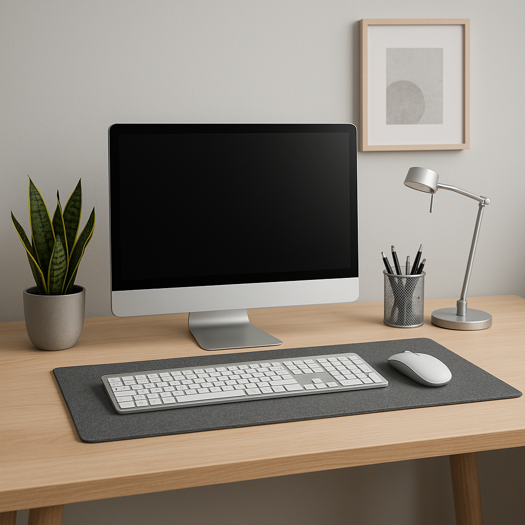 Modernes Homeoffice mit Desktop-PC, minimalistischer Beleuchtung und stilvollem Interior Design auf hellem Holzschreibtisch.