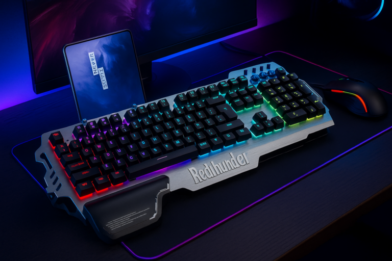RedThunder K900 Gaming Keyboard mit RGB-Beleuchtung, Maus und Smartphone-Halterung in futuristischem Setup