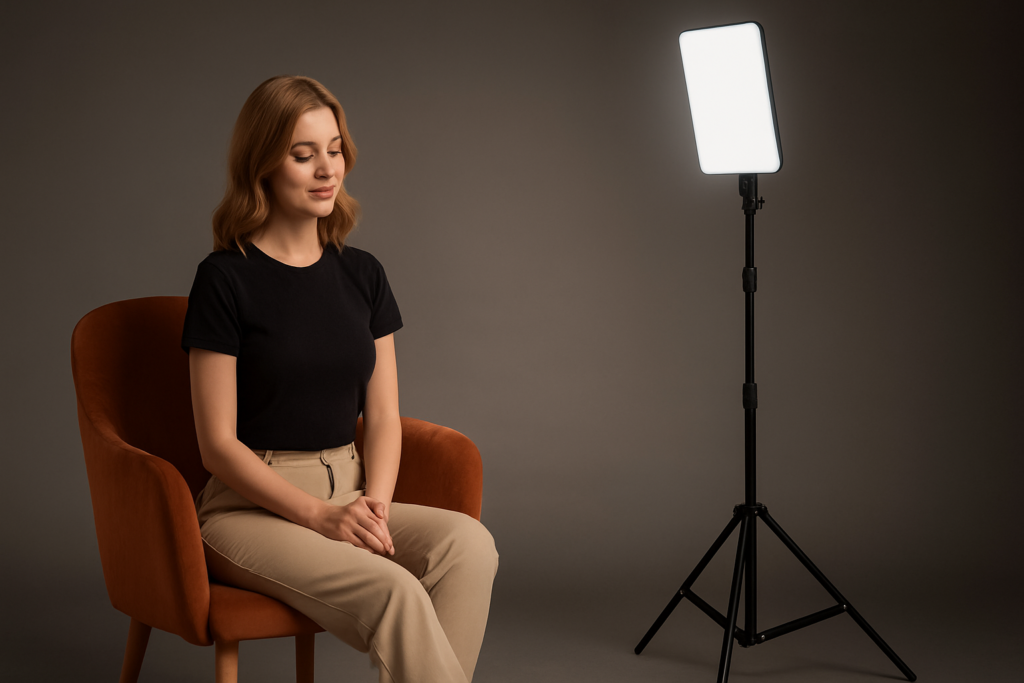 Frau sitzt auf einem Sessel im Fotostudio, beleuchtet von einem LED-Studiolicht auf Stativ
