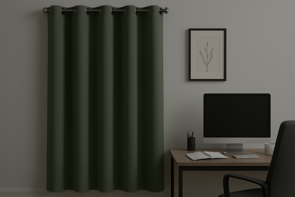 Verdunkelungsvorhang in einem modernen Homeoffice mit Schreibtisch, Monitor und gedimmtem Licht.
