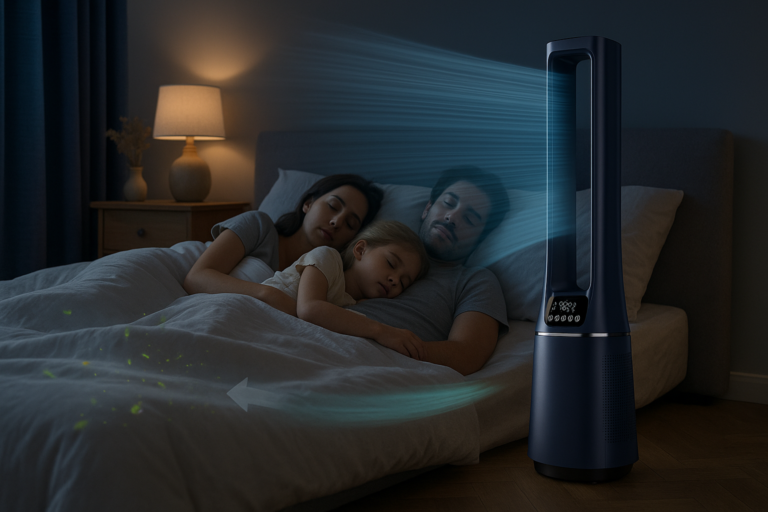 Leiser Turmventilator mit Luftreiniger kühlt Schlafzimmer bei Nacht – ideal für gesunden Schlaf, Allergiker und Familien mit Kindern
