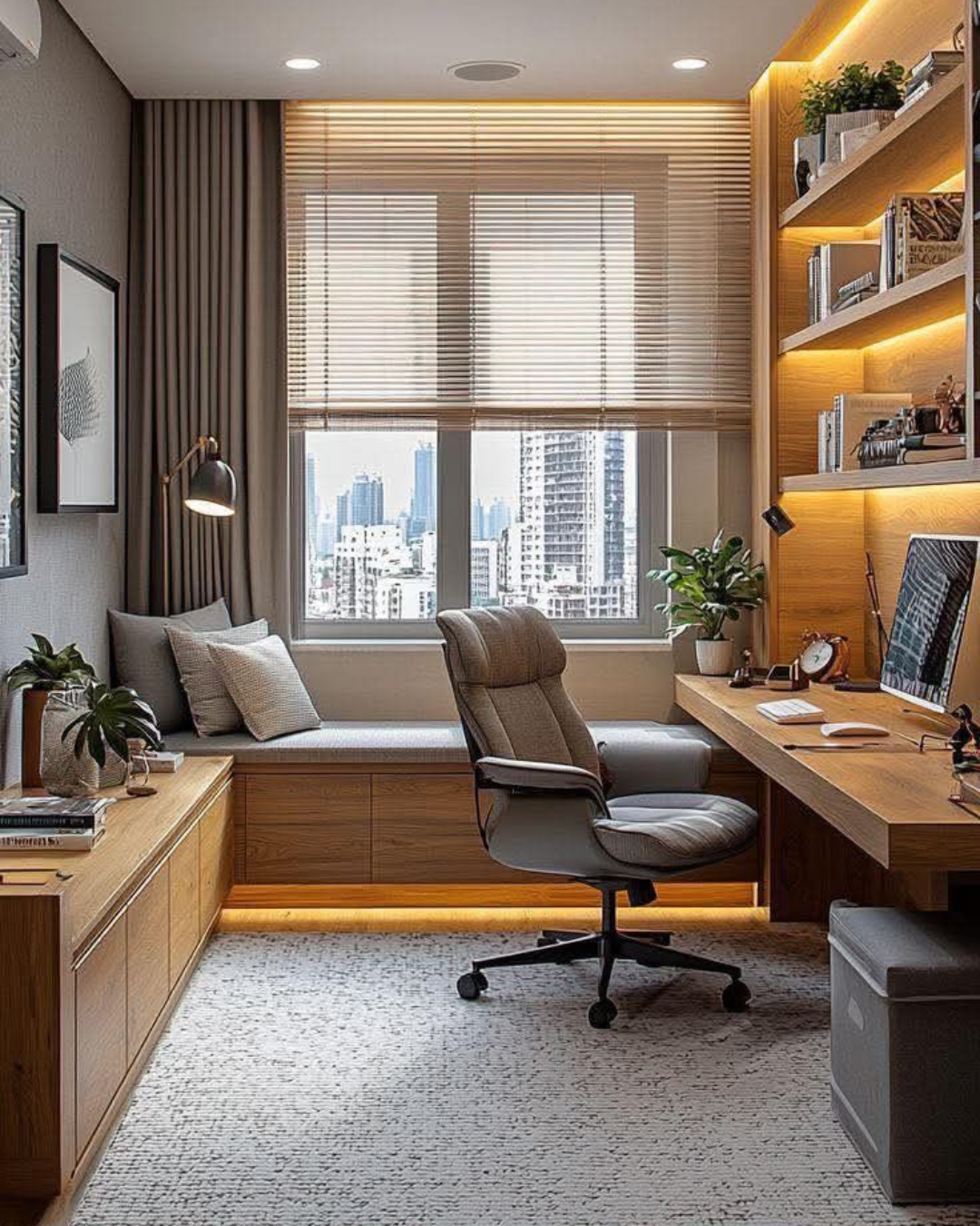Homeoffice einrichten mit Holzschreibtisch und gemütlichem Ambiente