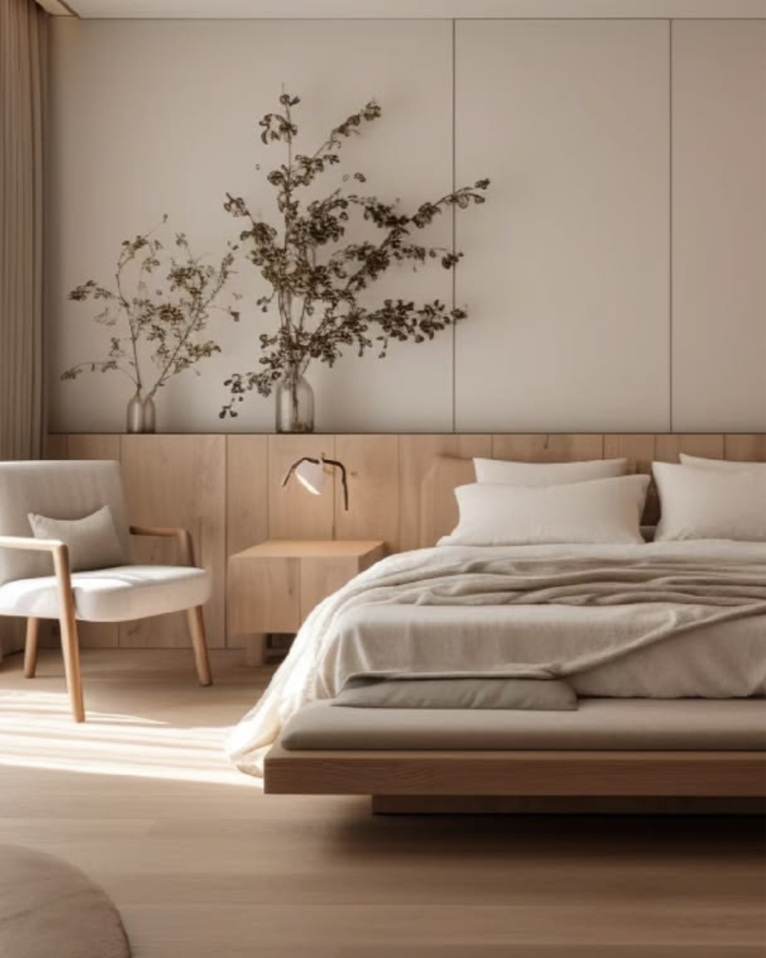 Schlafzimmer im Japandi-Stil mit Holzbett, Naturfarben und gemütlicher Atmosphäre
