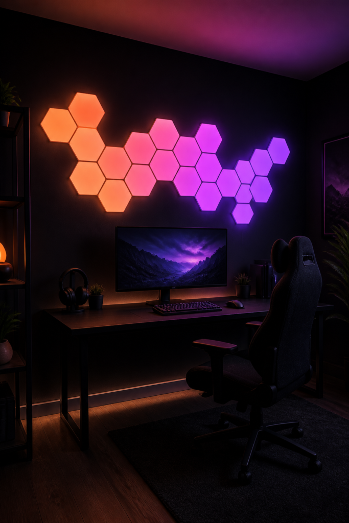 Nanoleaf Shapes Hexagon LED-Panels in leuchtendem Lila an der Wand eines stilvollen Gaming-Zimmers mit Neon-Beleuchtung