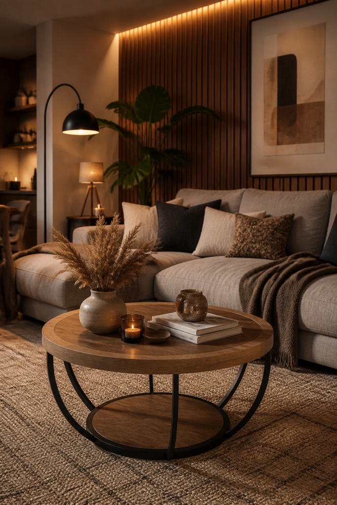 Runder Couchtisch aus Holz vor hellem Bouclé-Sofa im gemütlichen Wohnzimmer mit Sessel, Stehlampe und Juteteppich