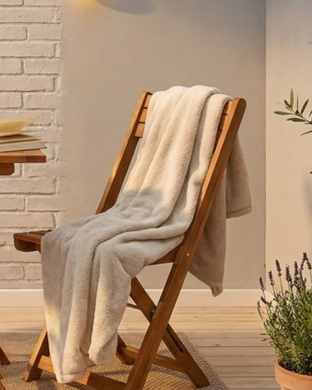 Kuschelige Fleece-Decke creme-beige superweich auf gemütlicher Couch im Wohnzimmer