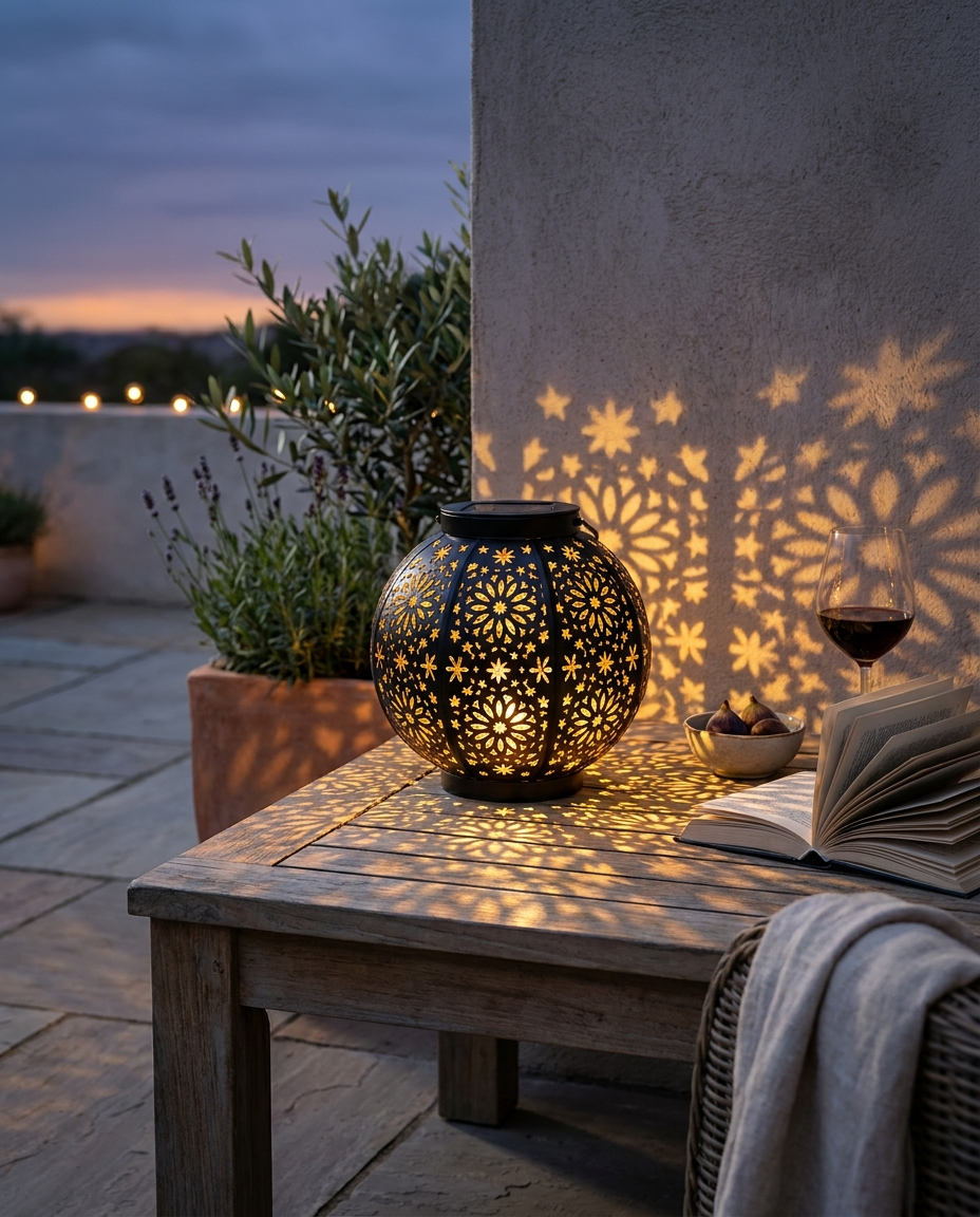 Solar Laterne marokkanisch outdoor wasserdicht mit warmem Lichtmuster auf Terrasse zur blauen Stunde