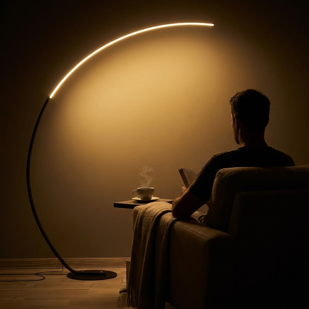 LED Bogenstehleuchte dimmbar mit Fernbedienung im gemütlichen Wohnzimmer mit Leseecke