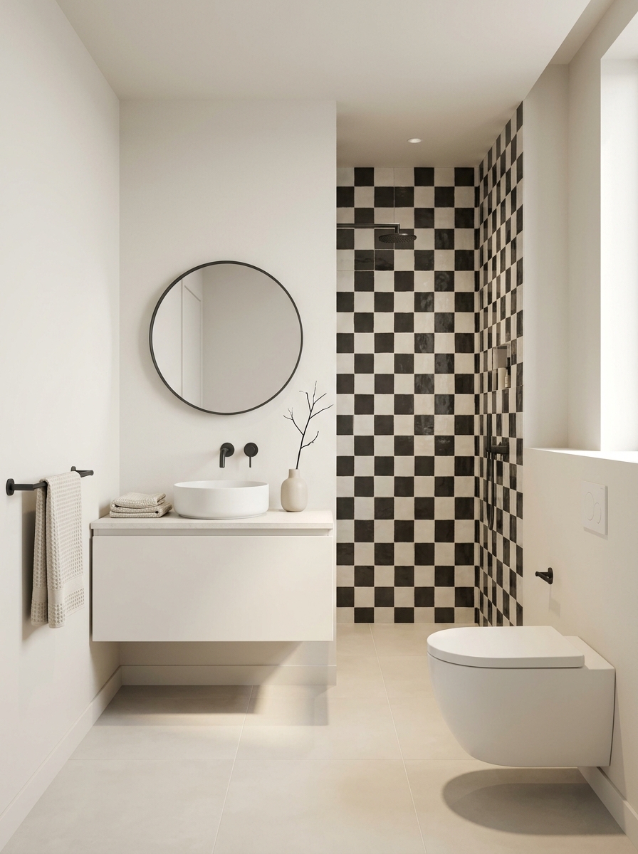 Minimalistisches Cloud Dancer Badezimmer in Cremeweiß mit schwarz-weißer Schachbrett-Fliesenwand in der Dusche, rundem schwarzem Spiegel und schwarzen Armaturen
