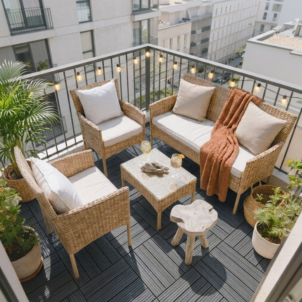Cremefarbene ArtLife Fort Myers Polyrattan-Lounge mit weißen Kissen und Pflanzen auf einem hellen, modernen Stadtbalkon